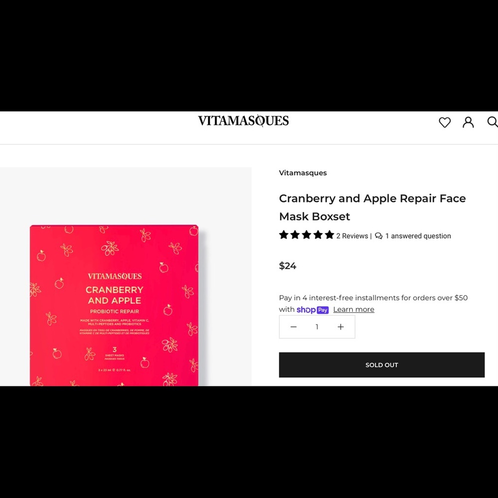 Vitamasques Cranberry and Apple Repair Face Mask Boxset New unopened 3 masks